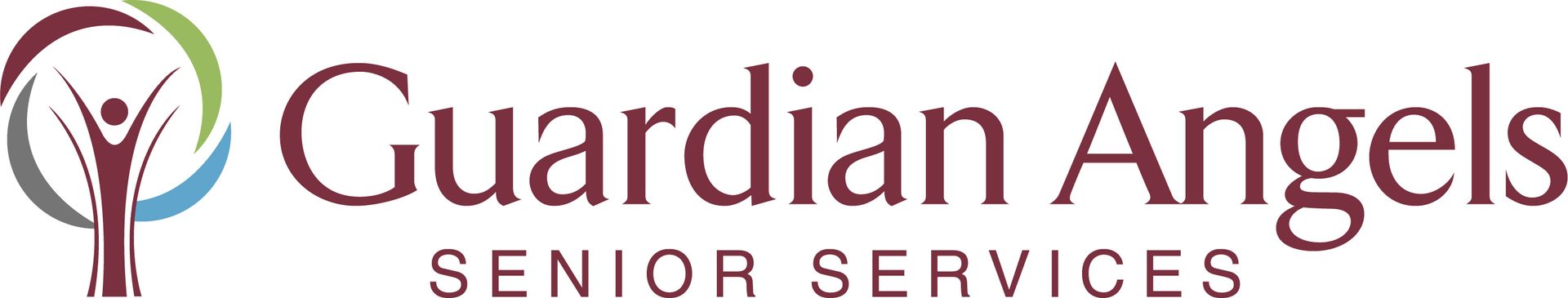 Logo for Guardian Angels Senior Services featuring an abstract figure inside a multicolored circular emblem.