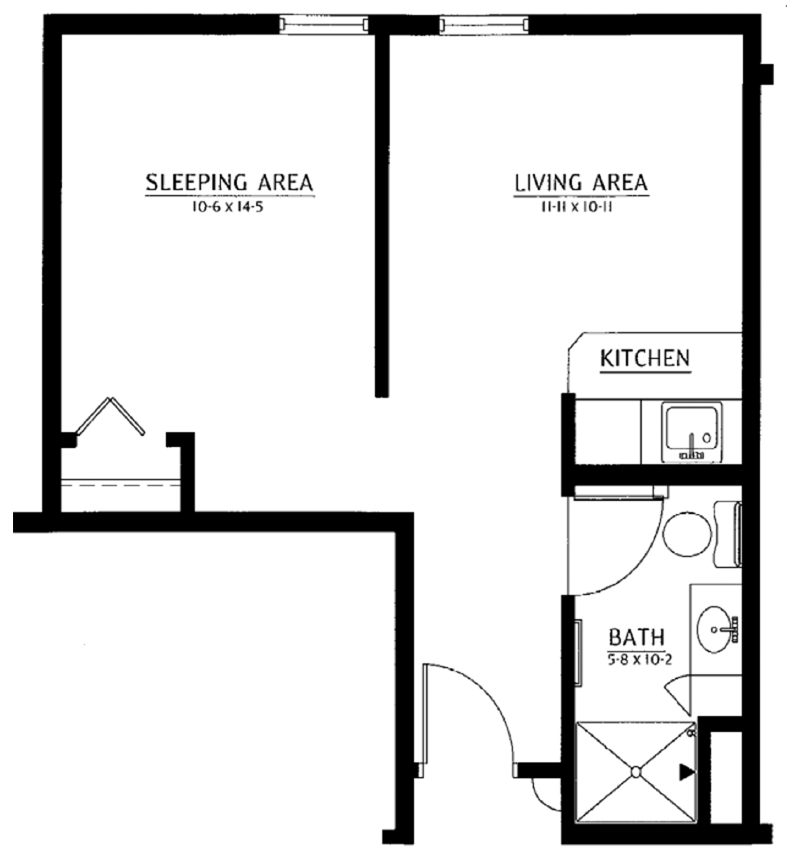 Floor plan of a one-bedroom apartment showing a sleeping area, living area, kitchen, and bathroom.