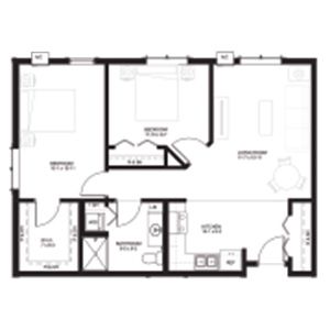 A floor plan showing a two-bedroom apartment with a living room, kitchen, bathroom, and closet spaces.