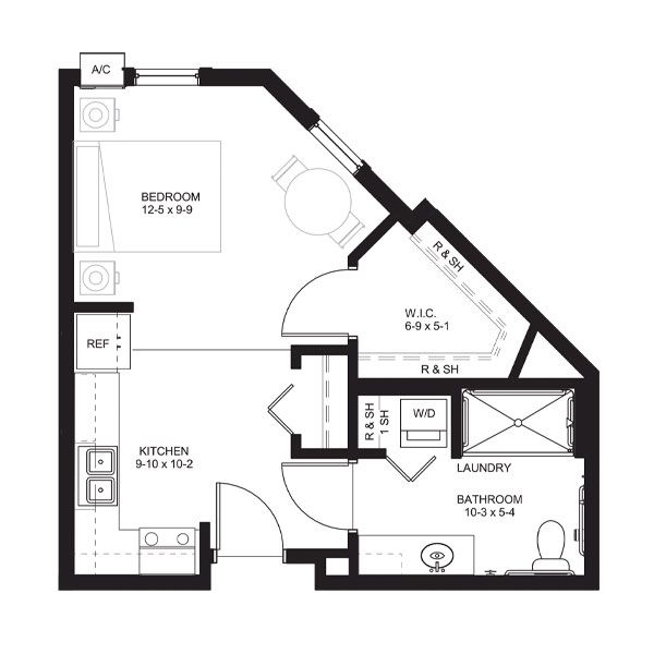 Floor plan of a one-bedroom apartment with an angled exterior wall, including a kitchen, bathroom, and walk-in closet.