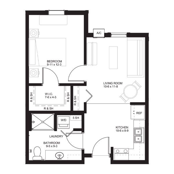 Floor plan of a one-bedroom apartment with a living room, kitchen, bathroom, laundry area, and a walk-in closet.