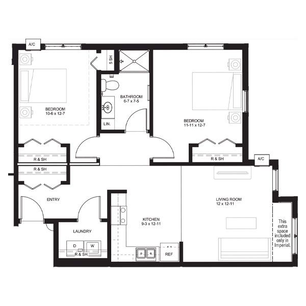 Floor plan for a two-bedroom apartment featuring a living room, kitchen, bathroom, laundry room, and entry.