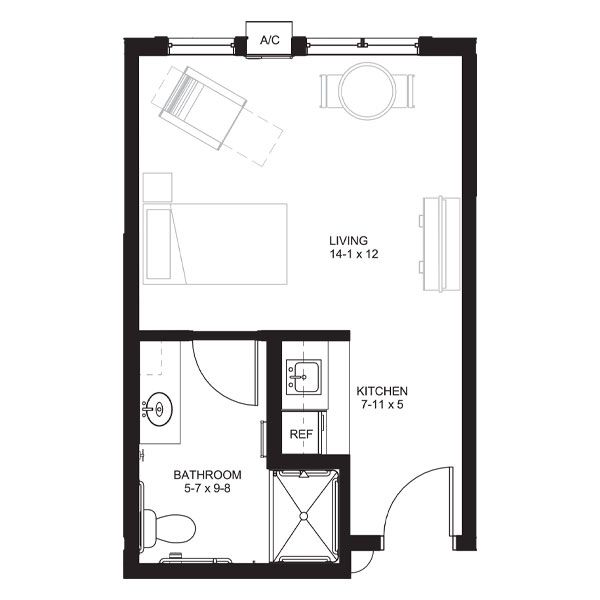 Floor plan for a studio apartment with a living area, a small kitchen with a refrigerator, and a bathroom with a shower.