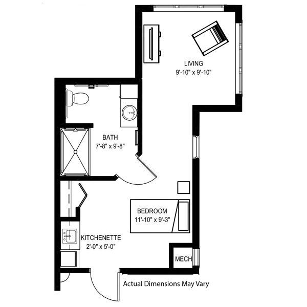 A floor plan of an apartment featuring a living area, bedroom, kitchenette, and a bathroom.