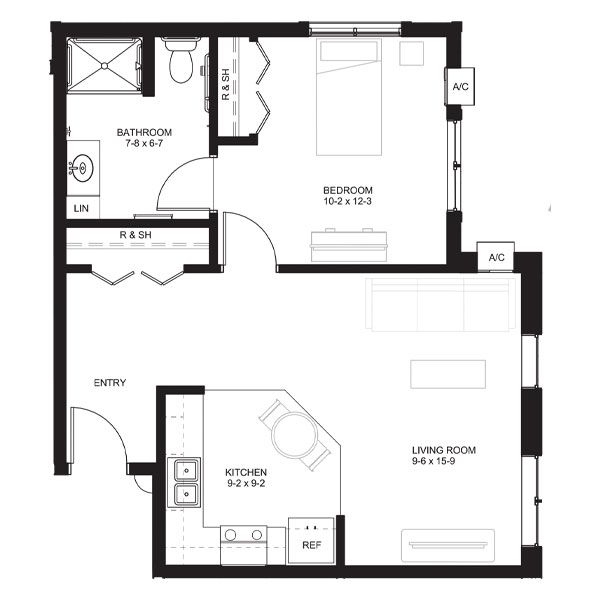 Floor plan of a one-bedroom apartment with an entry, kitchen, living room, bedroom, and bathroom.