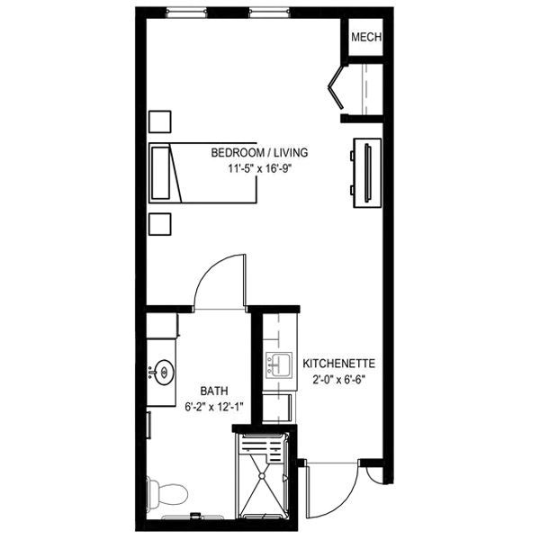 Floor plan for an accessible studio apartment including a bedroom/living area, kitchenette, and bathroom.