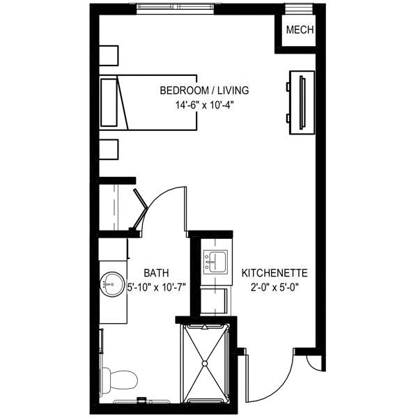 Floor plan of a studio apartment with a combined bedroom/living area, kitchenette, and full bathroom.