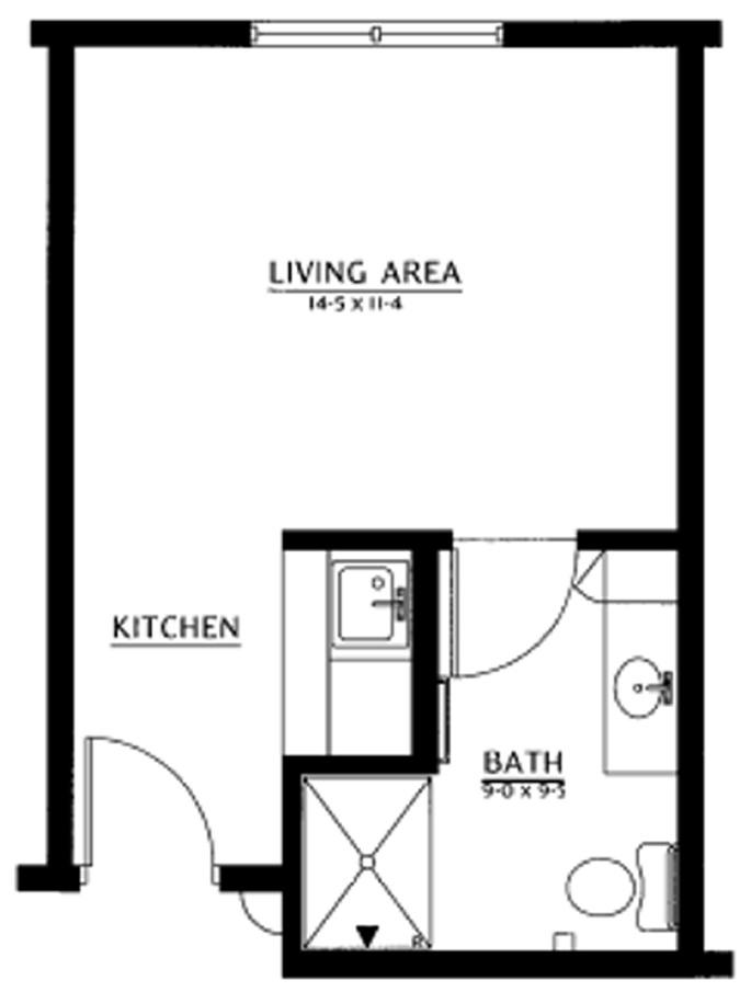 Floor plan of a studio apartment with an open living area, a small kitchenette, and an adjacent full bathroom.
