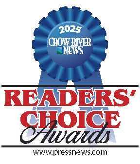 A blue award ribbon graphic with the text "2025 Crow River News Readers' Choice Awards" and the website pressnews.com.