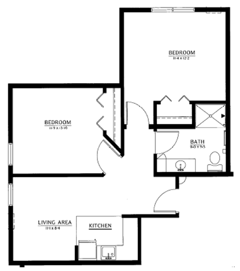 Floor plan for a two-bedroom apartment, showing a living area, kitchen, bathroom, and bedroom layouts.