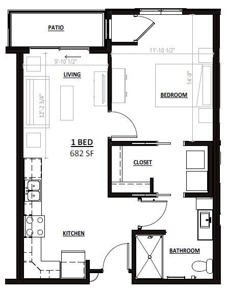 Floor plan for a one-bedroom apartment with 682 square feet, including a patio, living room, kitchen, bedroom, and bath.