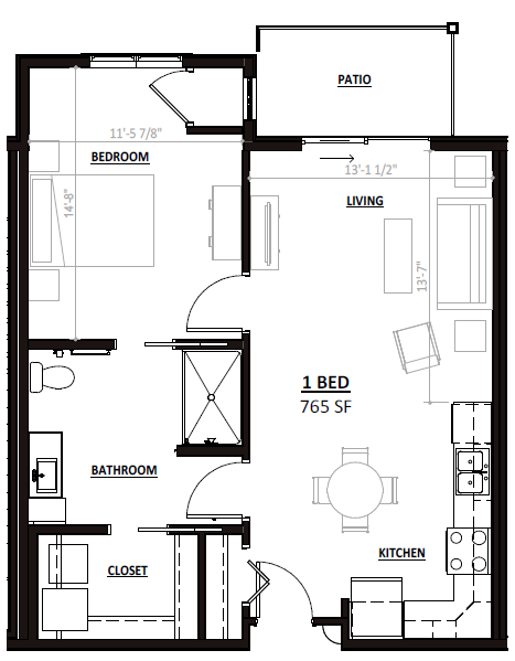 Floor plan for a 765-square-foot one-bedroom apartment featuring a kitchen, living area, bedroom, bathroom, and patio.