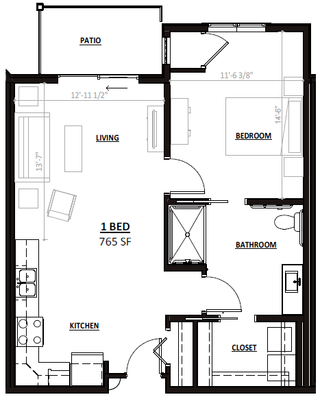 Floor plan for a 765-square-foot, one-bedroom apartment featuring an open kitchen, living area, patio, and bedroom.