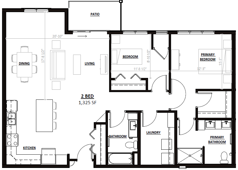 Floor plan of a 2-bedroom, 1,325 sq. ft. apartment featuring a kitchen, dining area, living room, patio, and two baths.
