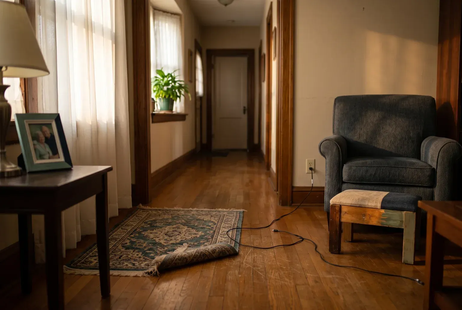 Cozy hallway with wooden floors, armchair, rug, side table, and sunlight through sheer curtains