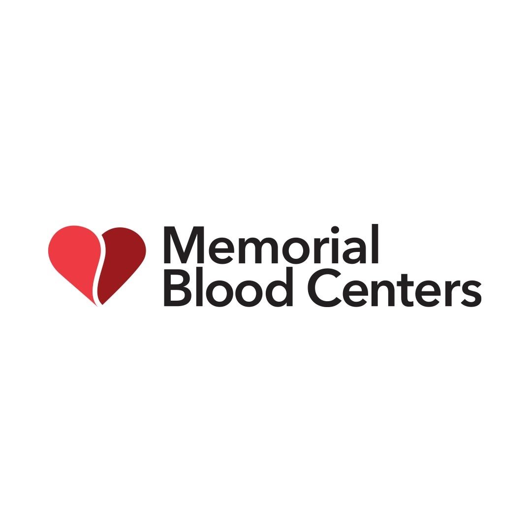 Logo for Memorial Blood Centers featuring a split red heart icon next to the text.
