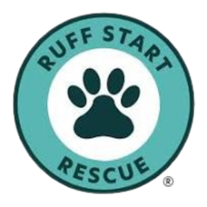 The Ruff Start Rescue logo features a dark green paw print inside a teal circular border with white text.