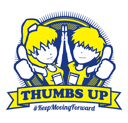 A yellow and blue logo shows two figures giving a thumbs up and high-fiving. Text reads: THUMBS UP #KeepMovingForward.