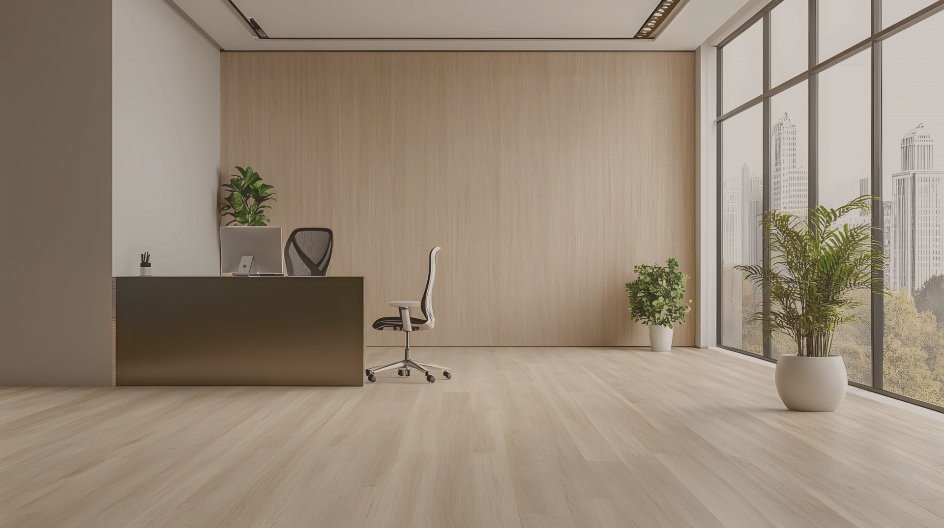 An empty office with a desk , chair , computer and potted plants.