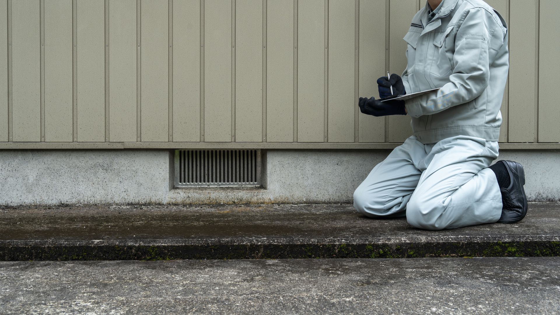 Inspector kneeling by foundation vent, taking notes