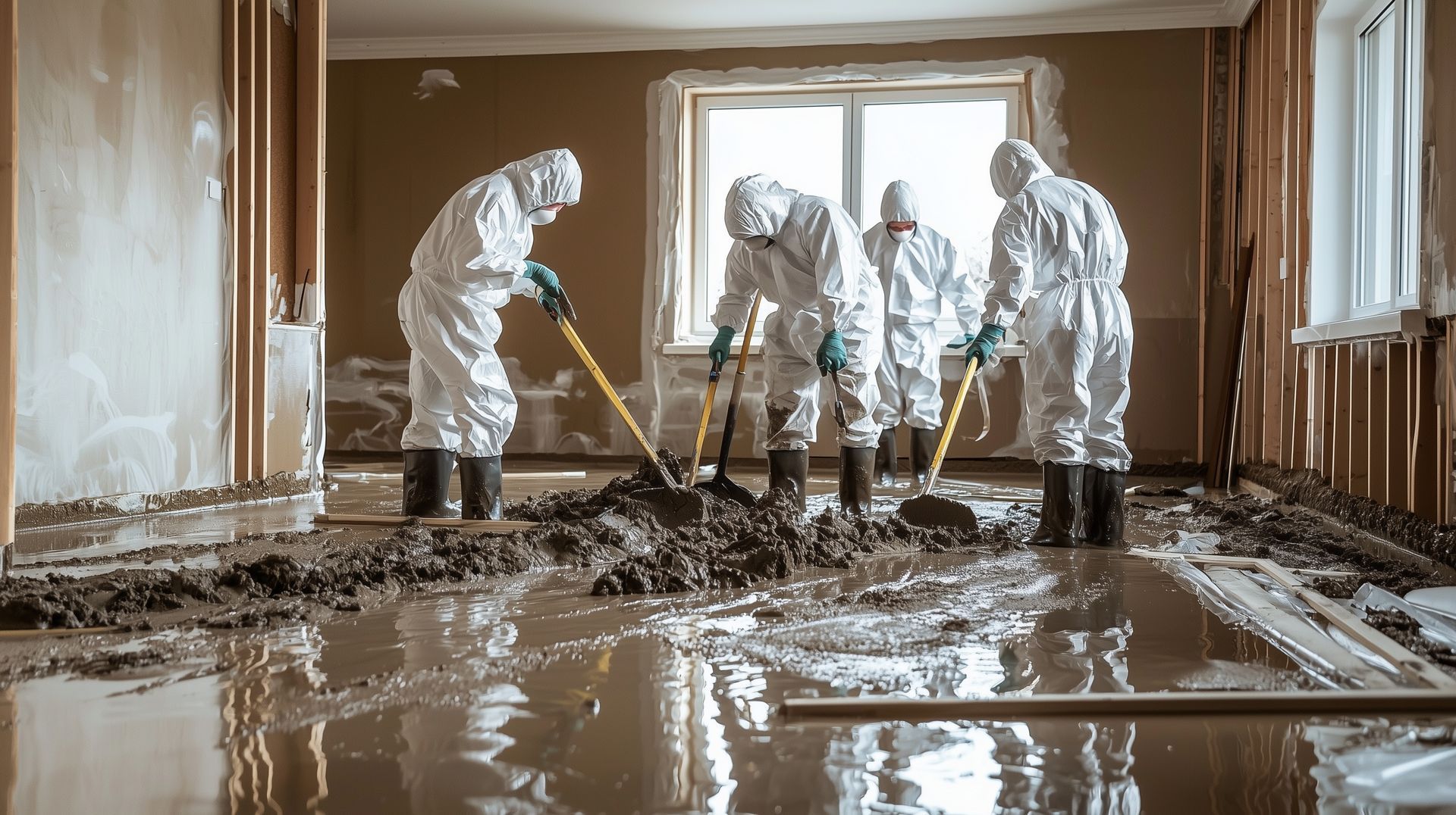 Four people in hazmat suits removing debris from a flooded room.