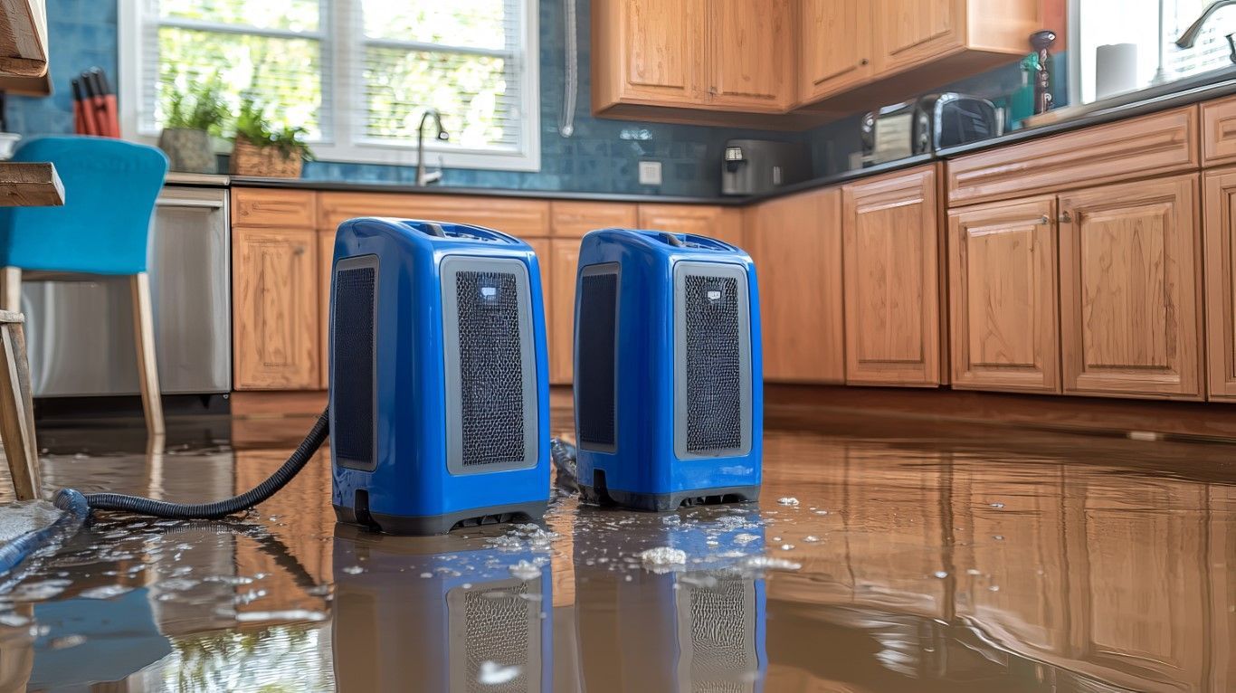 Two blue water extractors removing water from a flooded kitchen.