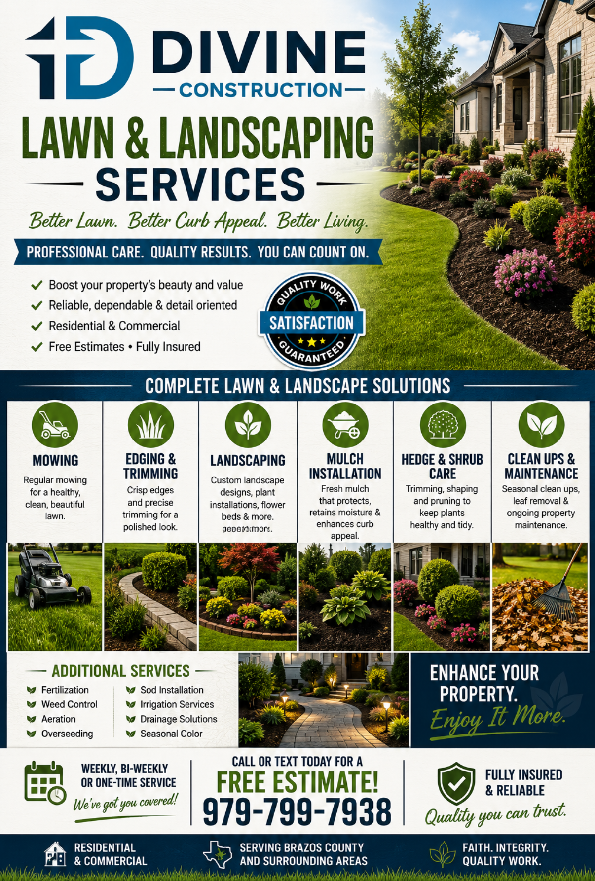 Divine Construction lawn and landscaping services ad with green garden photos and contact info