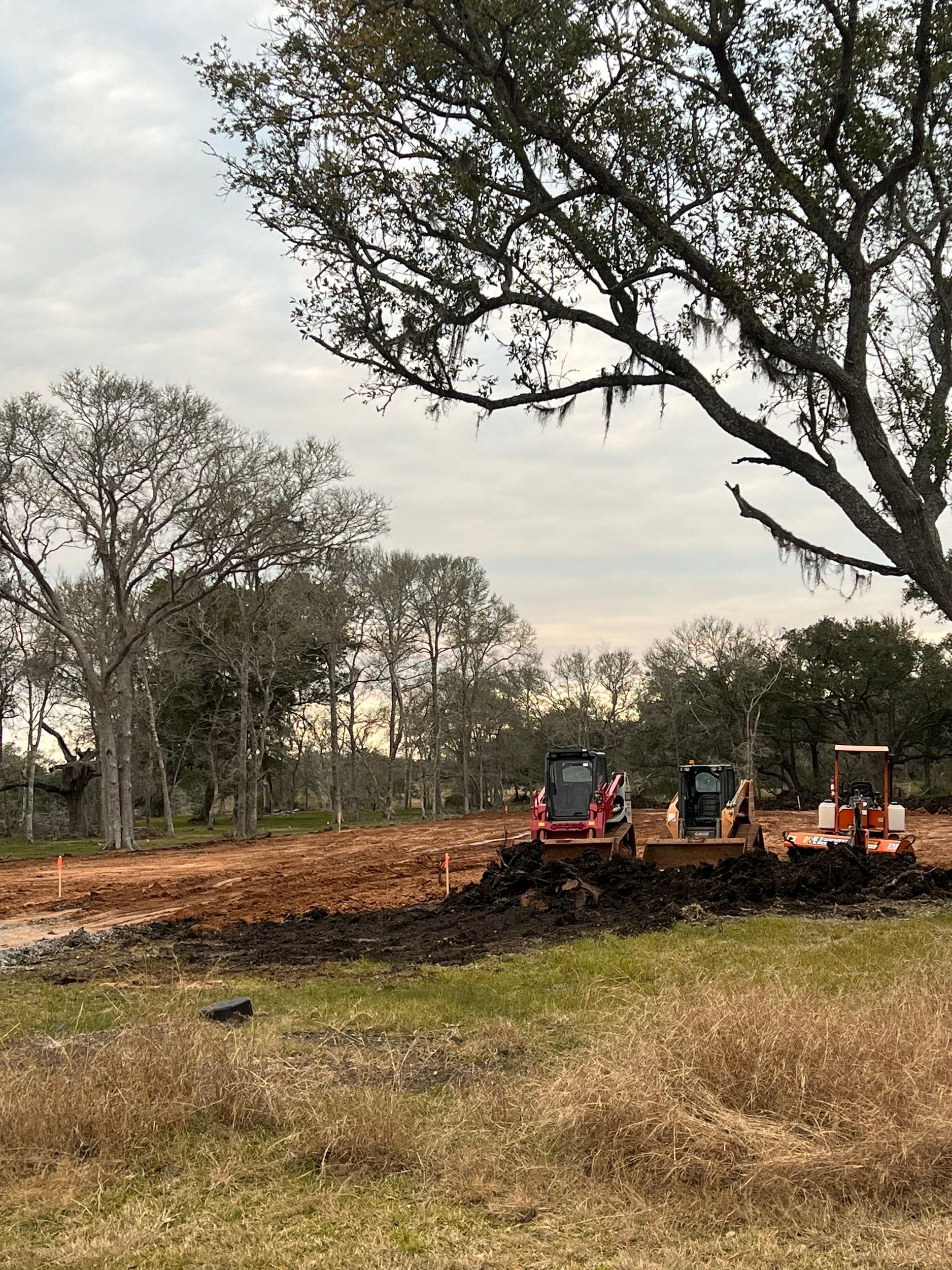 Construction site with three small excavators on dirt. Trees and overcast sky in background.