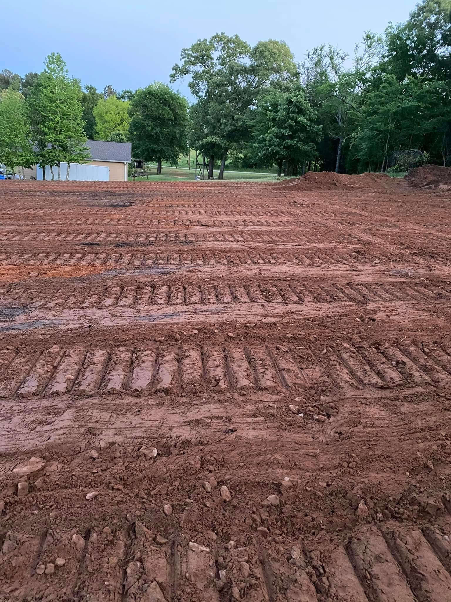 Dirt field with tire tracks; trees and a building in the background. Overcast sky.
