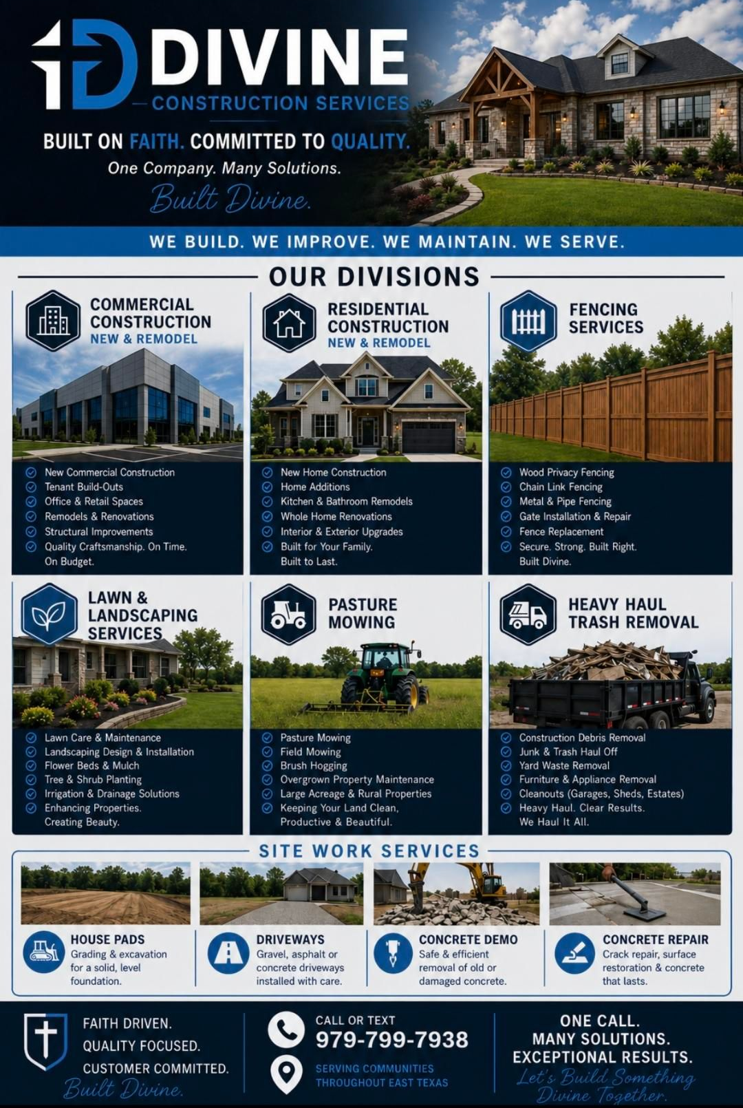 Divine Construction Services flyer with house photos and lists of residential and commercial building services