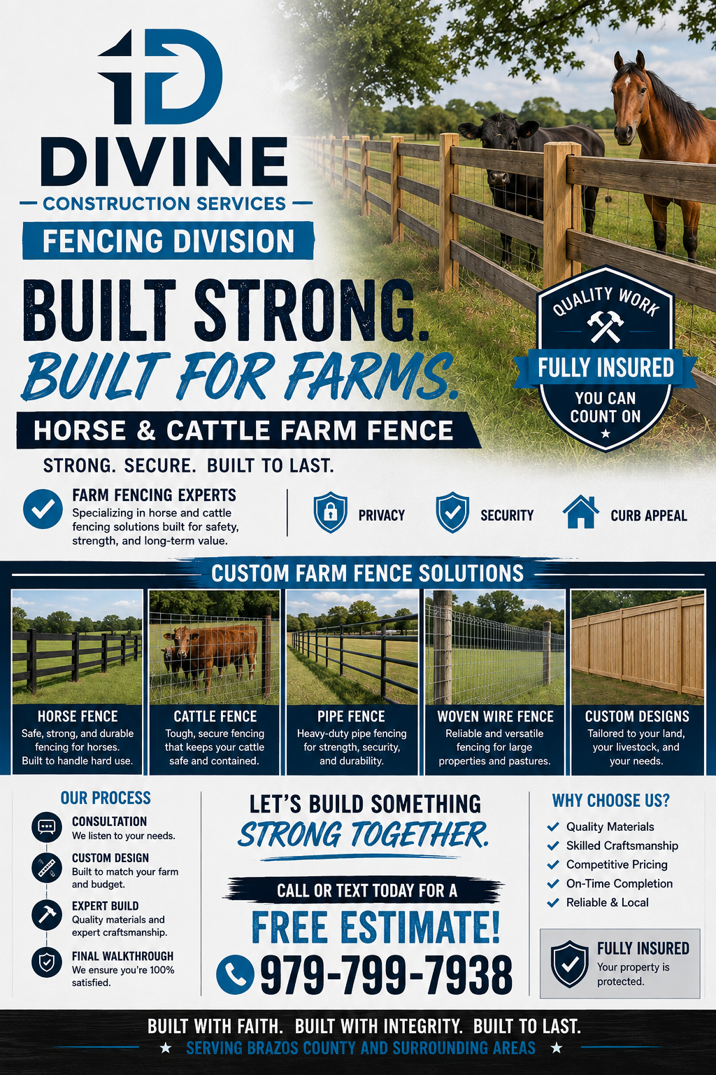 Divine Fencing Division ad with horse and farm fence images, blue and white layout, free estimate phone number.
