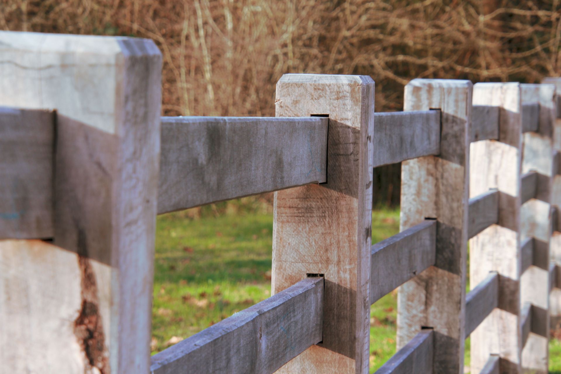 Wooden fence railings in a grassy outdoor setting, with a blurred field and trees in the background