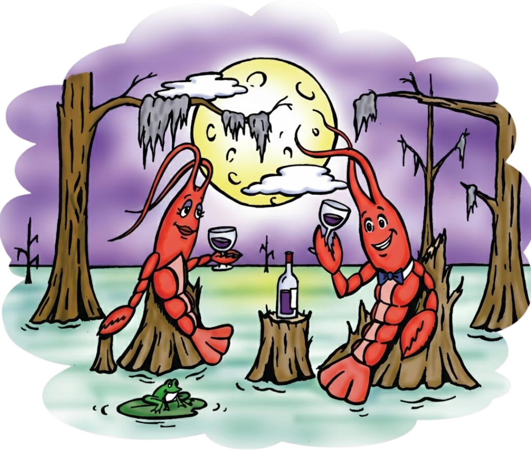 Two cartoon crawfish toast with wine in a swamp, under a full moon.