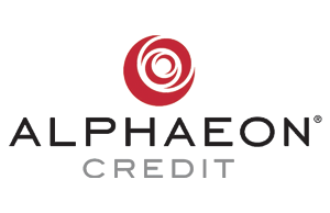 The logo for alphaeon credit is a red circle with a spiral in the middle.