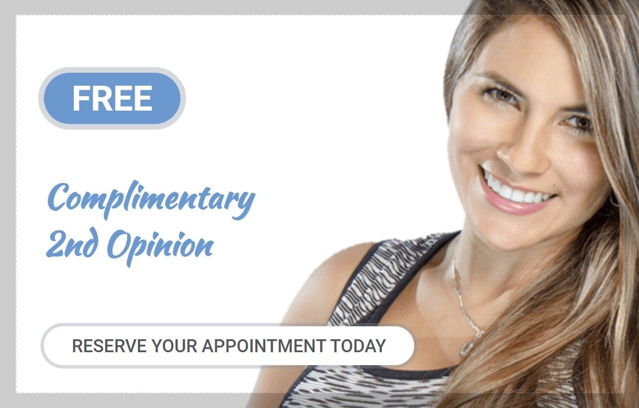A woman is smiling with a free complimentary 2nd opinion.