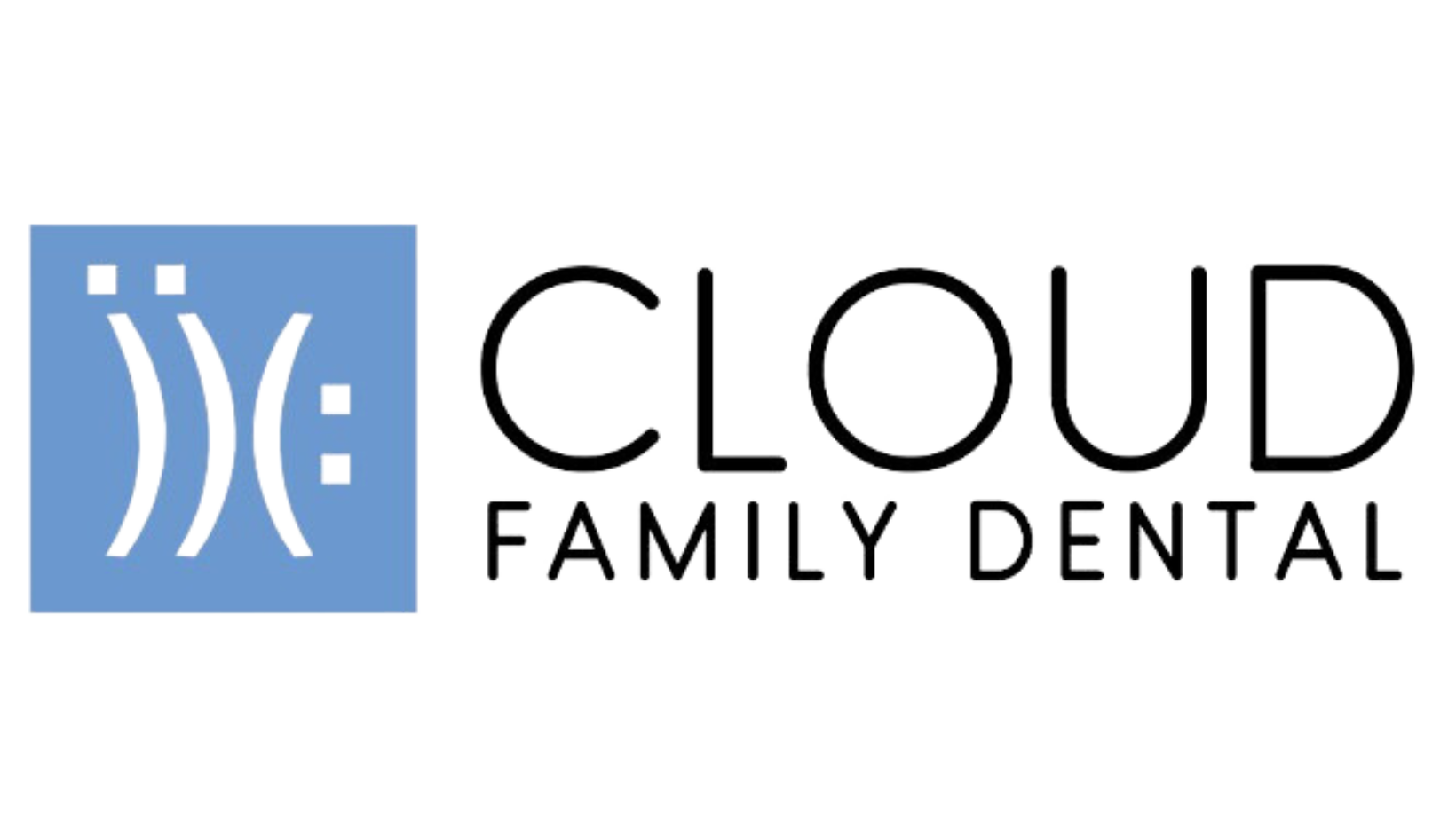 the logo for cloud family dental is blue and black .