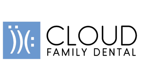 the logo for cloud family dental is blue and black .