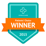 a patient 's choice winner badge from 2015 with an orange ribbon .