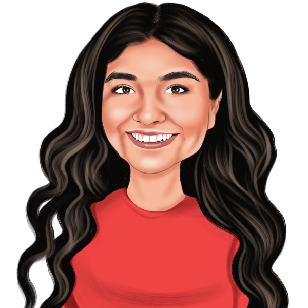 A cartoon of a woman with long hair wearing a red shirt and smiling.