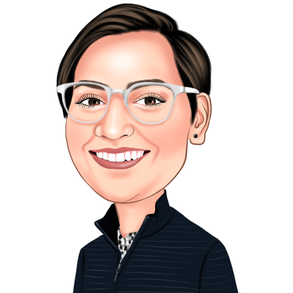 A cartoon of a woman wearing glasses and smiling.
