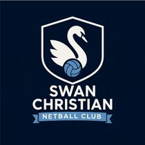 The Swan Christian Netball Club logo that is navy with a white swan and a blue netball