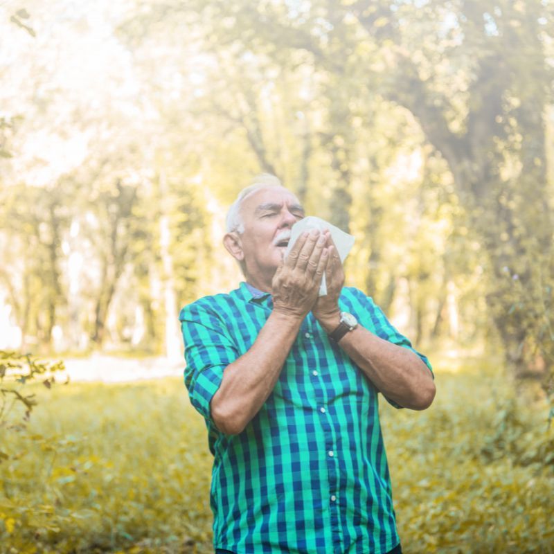 An older man with allergies sneezes into a tissue outdoors in a sunny park.