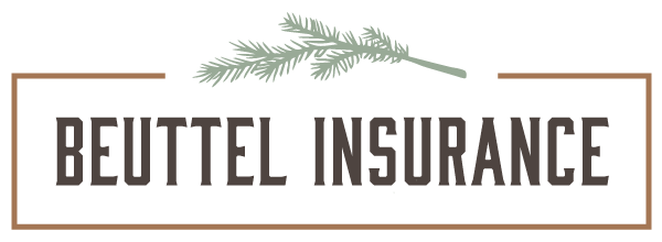 Logo for Beuttel Insurance, brown text inside a brown rectangle, with a sprig above.