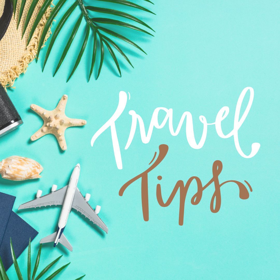 Turquoise background with travel elements like a hat, starfish, and plane;