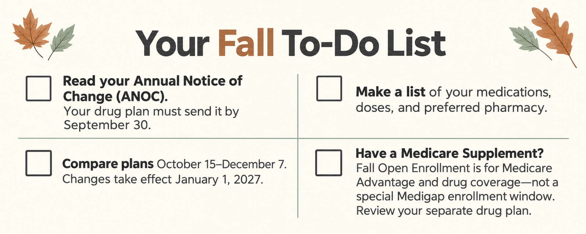 Fall checklist with four to-do items and a leaf icon on a light background