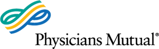Physicians Mutual logo: swirling teal, yellow, and blue lines above the words 