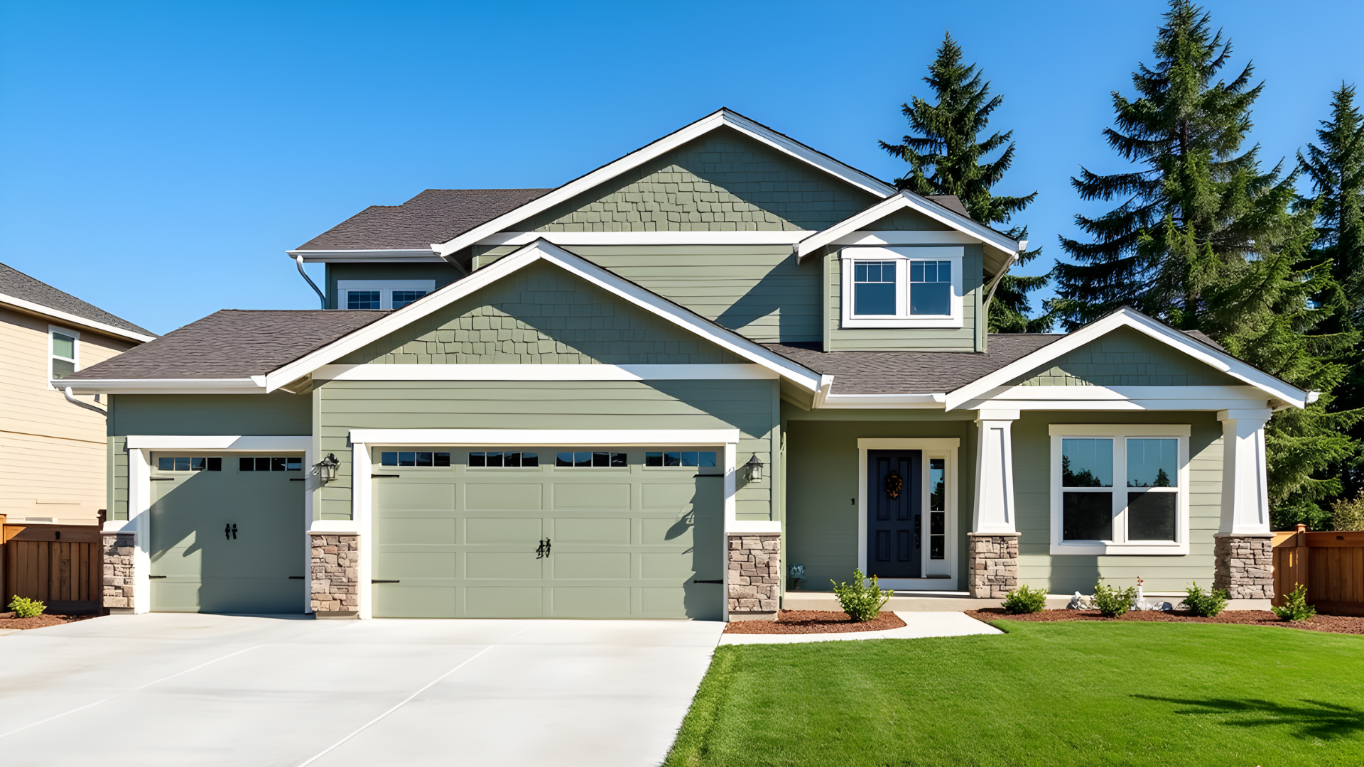 Suburban two-story house with green exterior, three-car garage, and manicured lawn under a clear blue sky