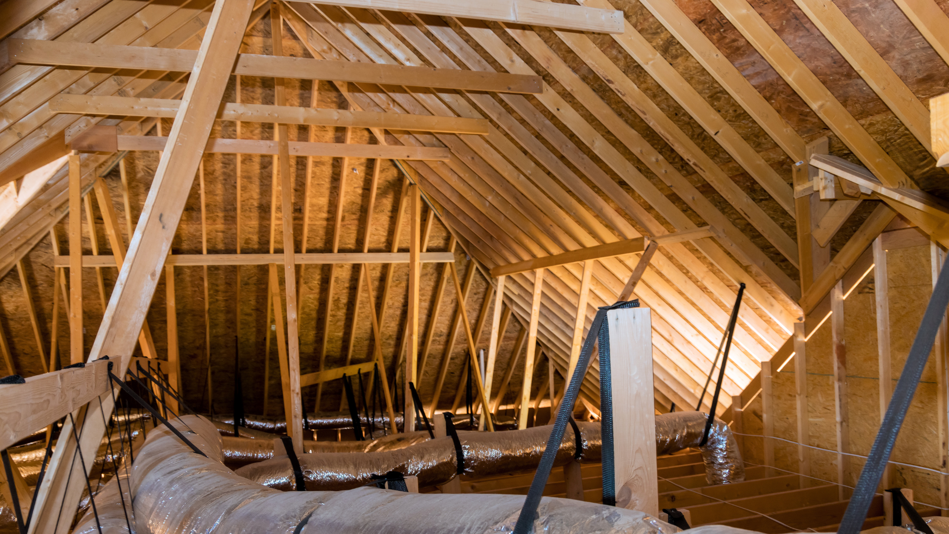 Unfinished attic with exposed wooden rafters and framing, lit by warm sunlight.