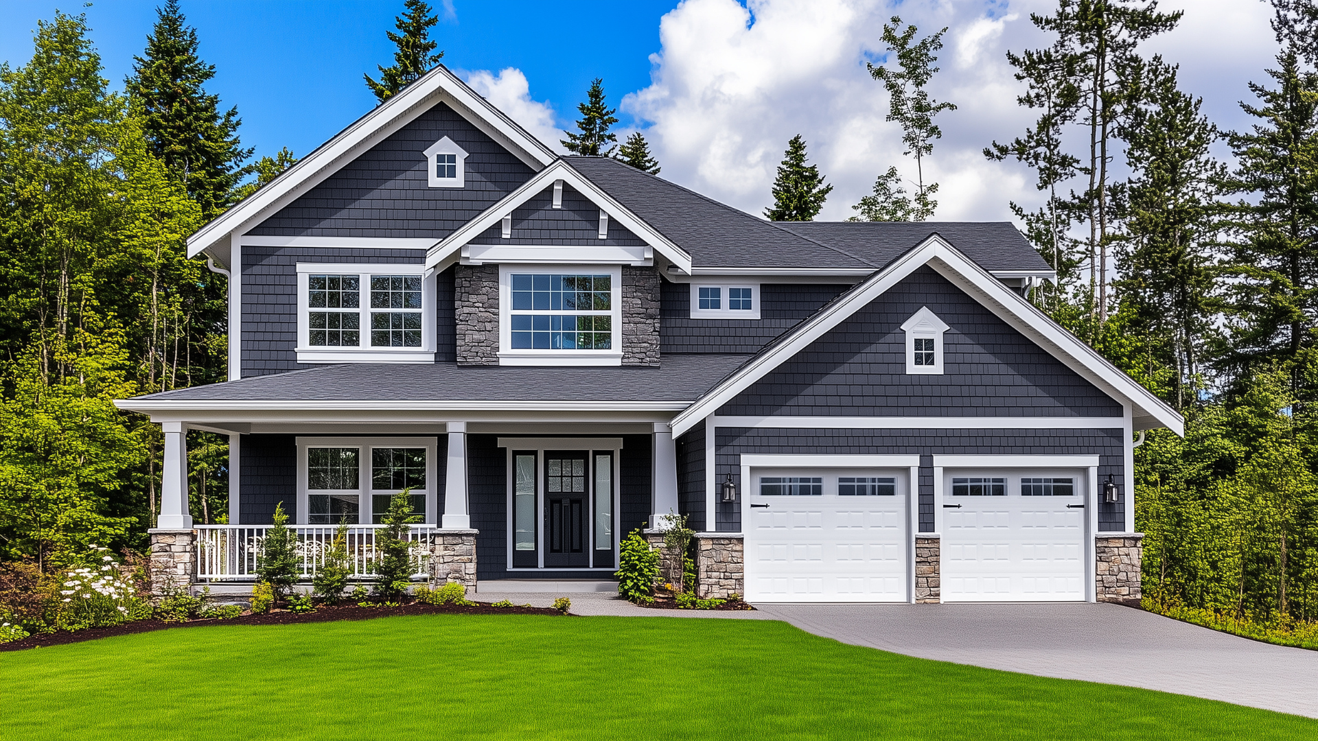 Gray two-story suburban house with white trim, front porch, and double garage, set on a green lawn.