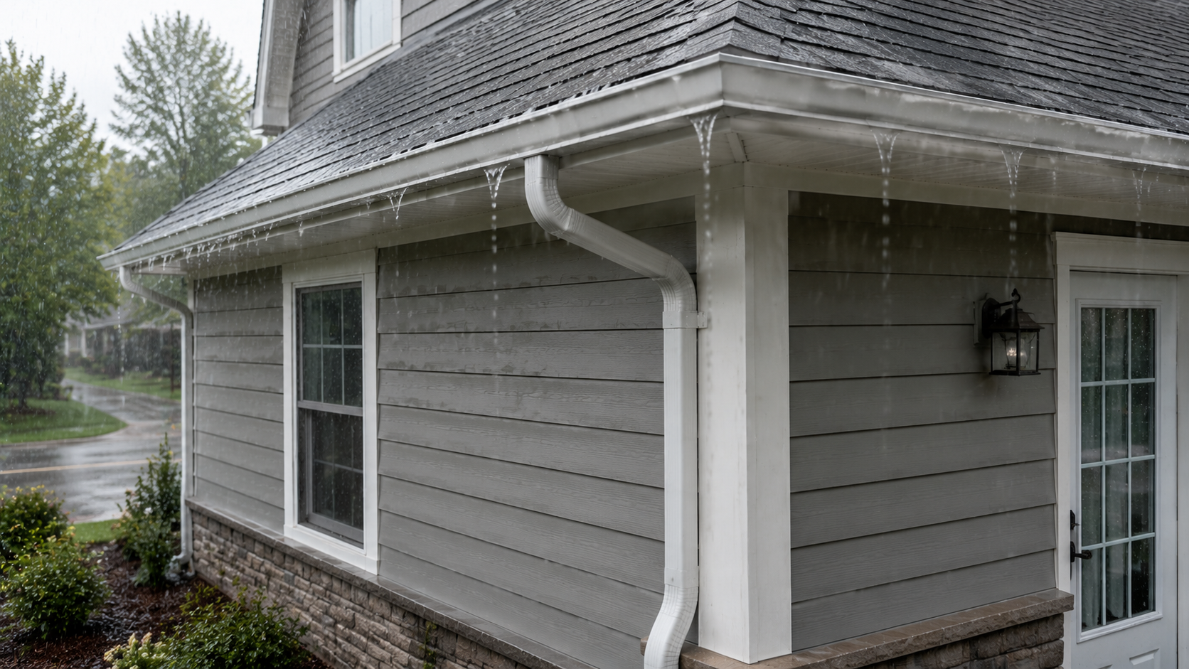 Rain on gray house siding, white trim, and a French door beside a gutter and downspout